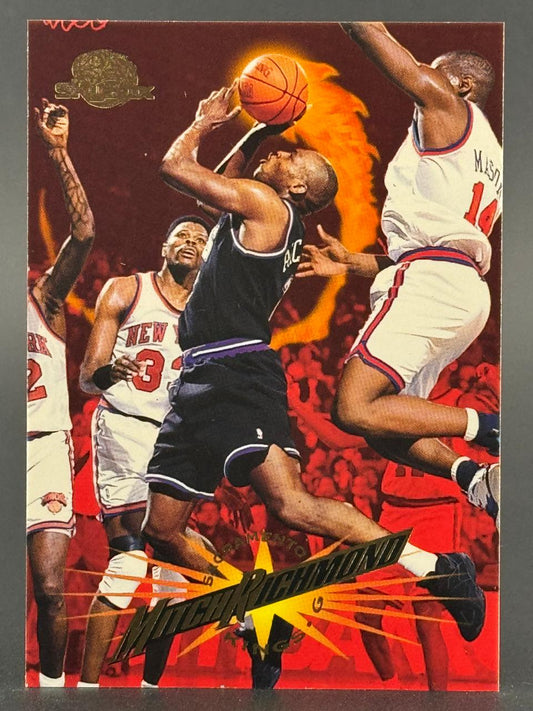 Mitch Richmond basketball trading card featuring action shot against New York Knicks players.
