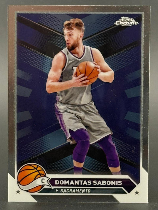 Domantas Sabonis trading card, Topps Chrome basketball card holding a basketball.