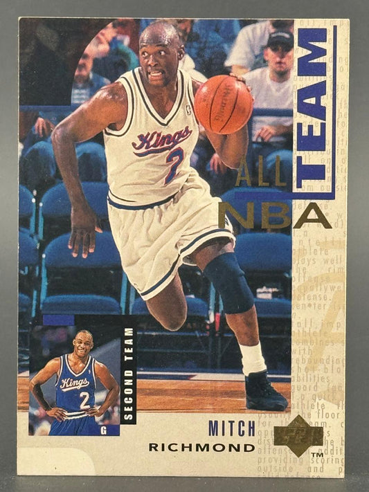 Mitch Richmond trading card featuring an All-NBA Team design, player dribbling a basketball in a Kings uniform.