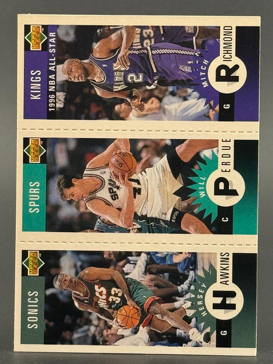 1996 Upper Deck NBA All-Star trading card panel featuring Mitch Richmond, Will Perdue, and Hersey Hawkins.