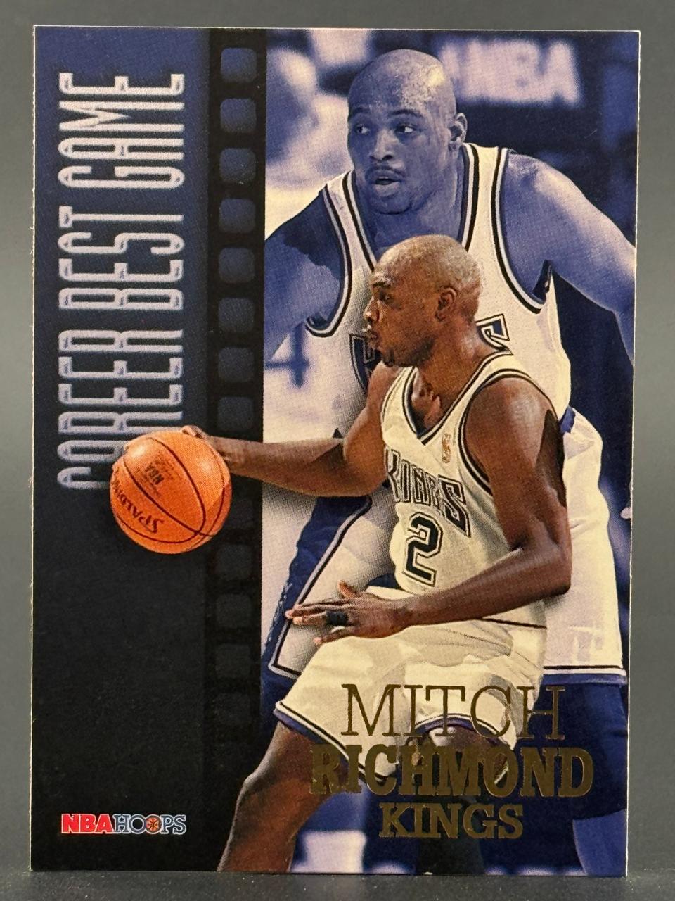 Mitch Richmond 1990s NBA Hoops "Career Best Game" trading card featuring Richmond in a Kings uniform dribbling.