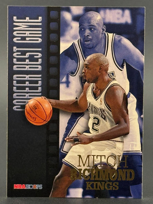 Mitch Richmond 1990s NBA Hoops "Career Best Game" trading card featuring Richmond in a Kings uniform dribbling.