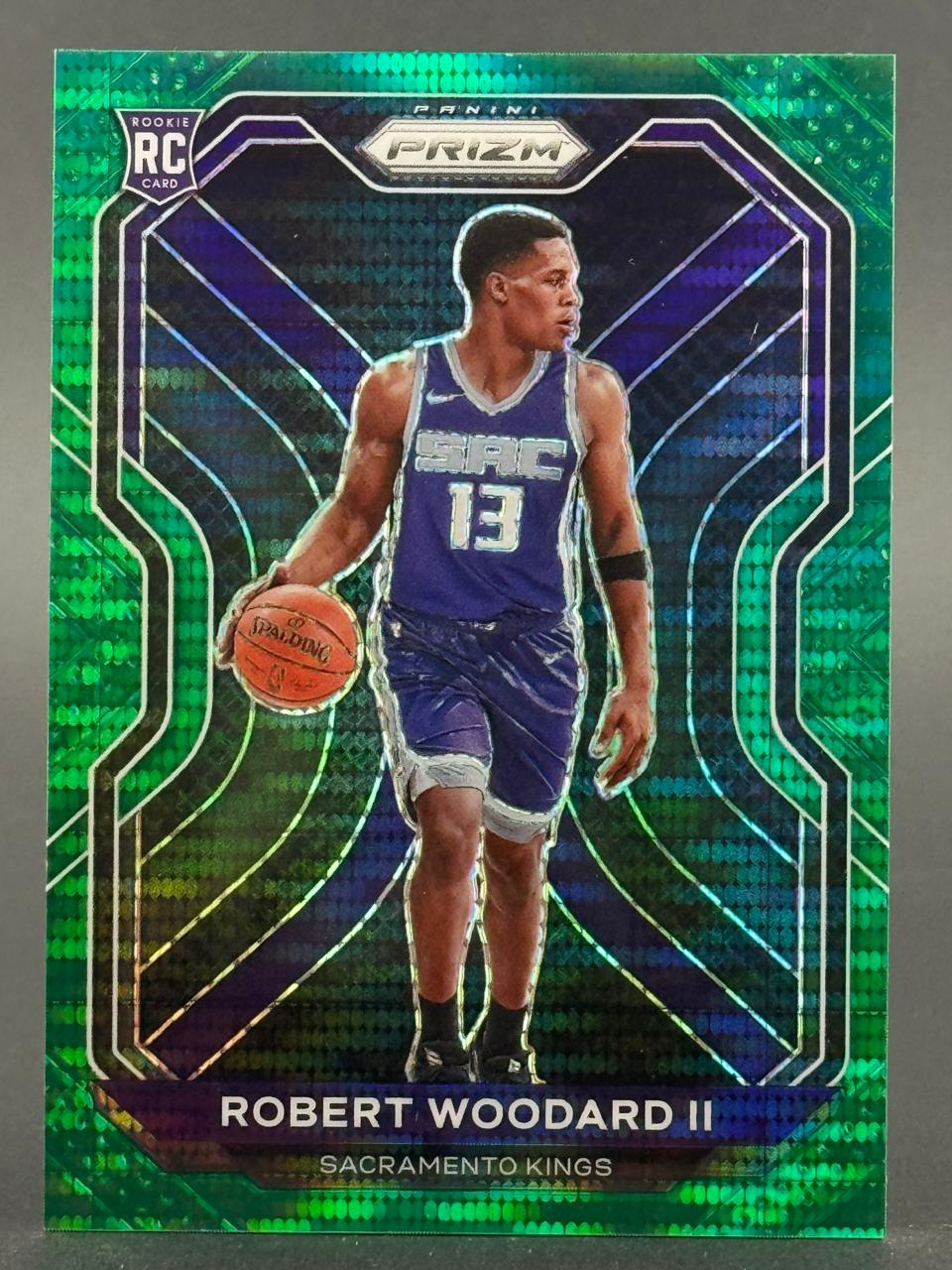 Robert Woodard II 2020-21 Panini Prizm Rookie Card #255, green parallel, Sacramento Kings.