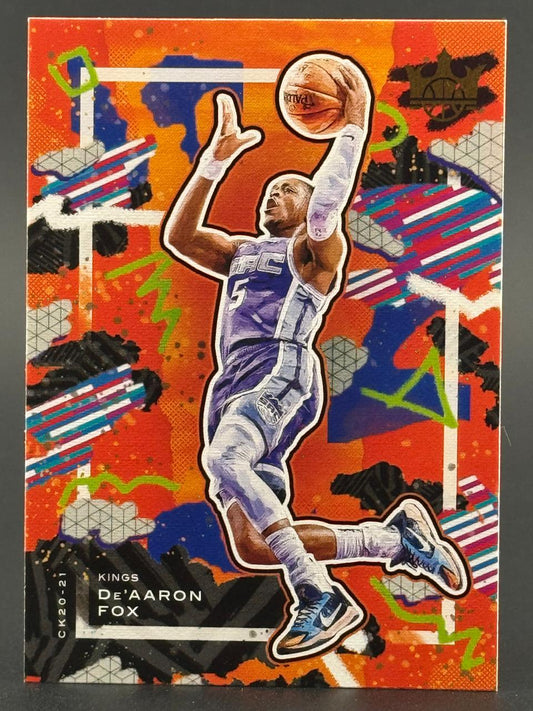 2020-21 Court Kings De'Aaron Fox trading card showing him driving to the basket.