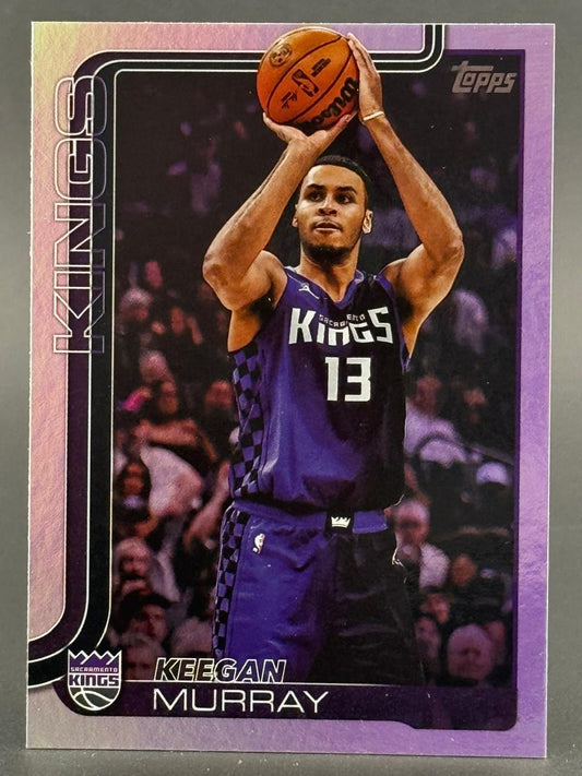 Keegan Murray basketball trading card showing him in a purple Kings jersey, shooting a basketball.