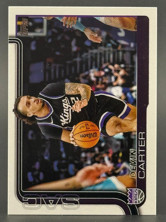 Devin Carter basketball trading card, showing him in a Sacramento Kings uniform holding a basketball.