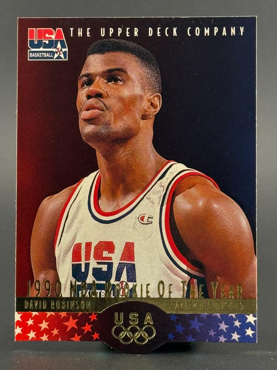 1992 Upper Deck USA Basketball David Robinson trading card featuring a portrait of Robinson in a USA jersey.