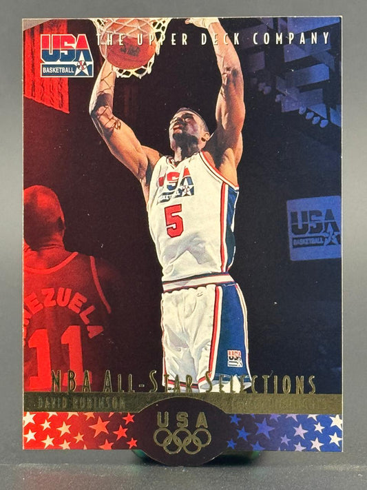 1992 Upper Deck USA Basketball trading card featuring David Robinson (#5) dunking.