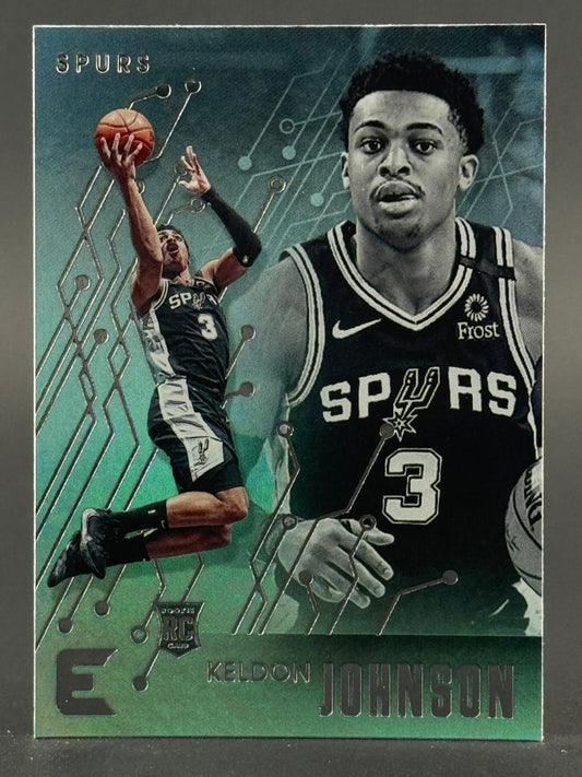 Keldon Johnson rookie trading card featuring a teal circuit board design with two player images.