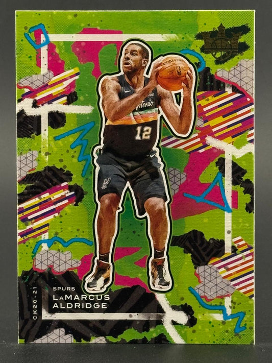 2020-21 Panini Court Kings LaMarcus Aldridge trading card featuring abstract green and pink background.