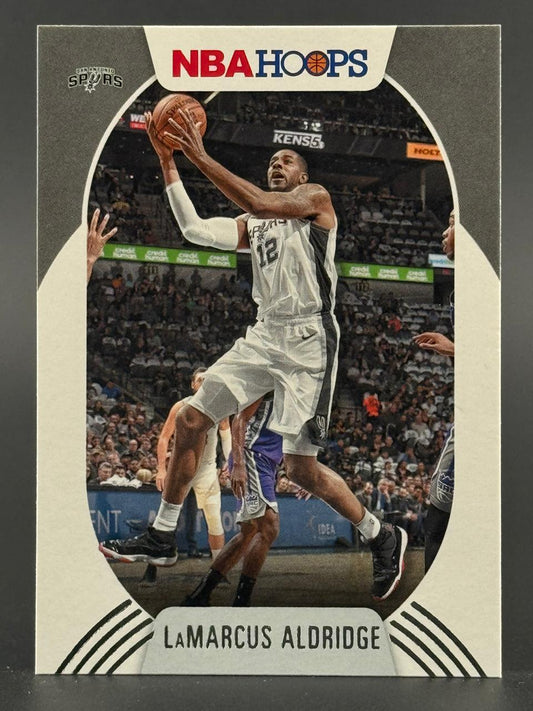 LaMarcus Aldridge 2018-19 NBA Hoops trading card #12, showing him driving to the basket.