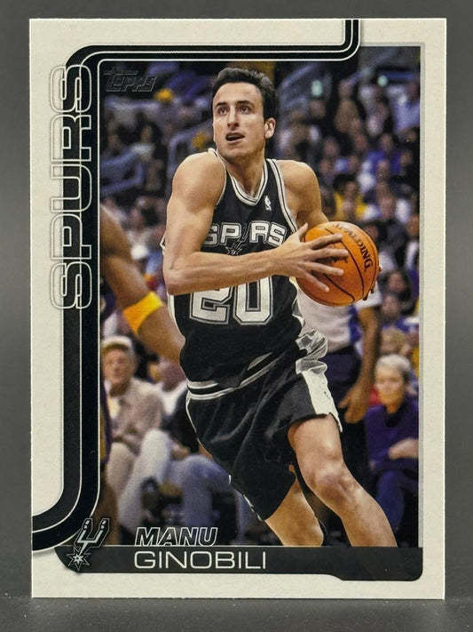 Topps basketball trading card featuring Manu Ginobili of the San Antonio Spurs, holding a basketball.