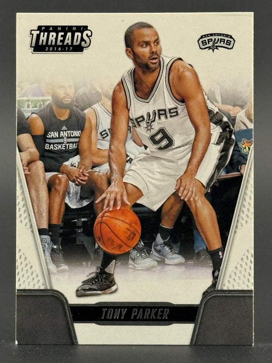 2016-17 Panini Threads Tony Parker basketball card, #9 Spurs jersey, dribbling.
