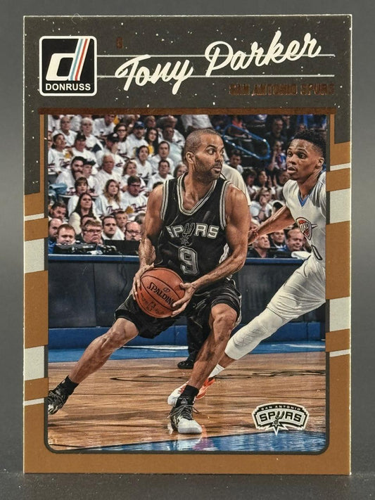Tony Parker 2016-17 Donruss basketball card featuring Parker dribbling against an opponent.