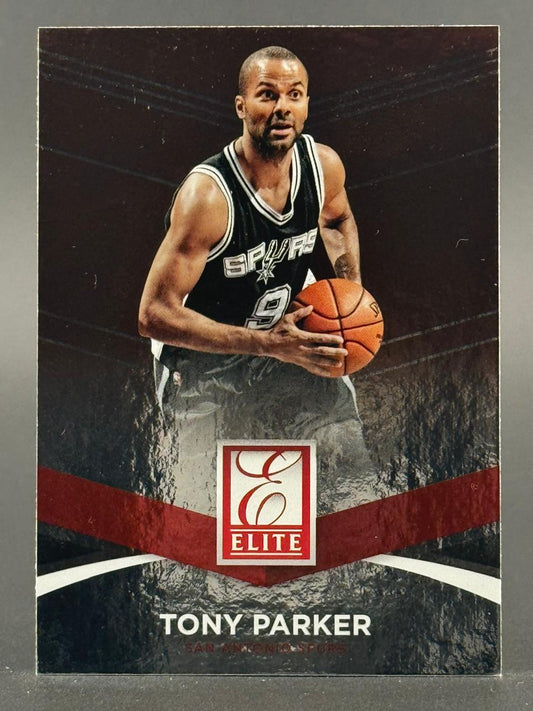 Tony Parker 2012-13 Panini Elite basketball card holding a basketball.