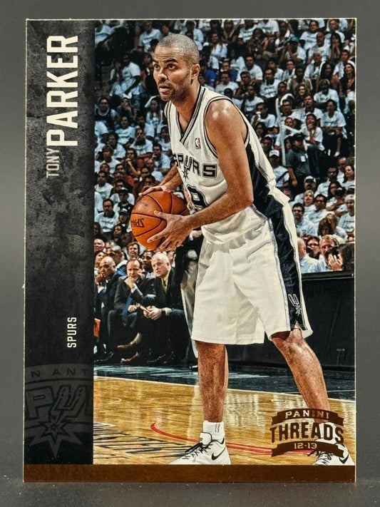 2012-13 Panini Threads Tony Parker trading card featuring Parker in a Spurs uniform holding a basketball.
