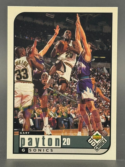 Gary Payton 1996-97 Upper Deck Choice basketball card #20, showing him driving past defenders.