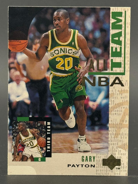 Gary Payton Seattle SuperSonics trading card featuring an All-NBA Team design.