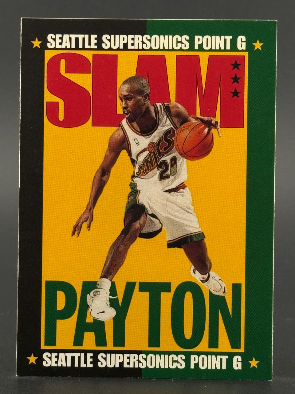 Gary Payton basketball trading card, featuring him in a Seattle SuperSonics uniform dribbling a ball.