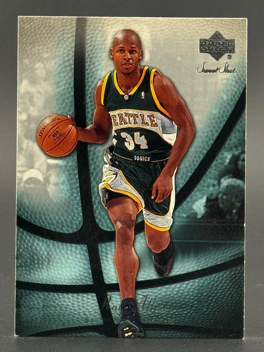 Ray Allen 2003-04 Upper Deck Sweet Shot basketball card dribbling in a Seattle Supersonics uniform.