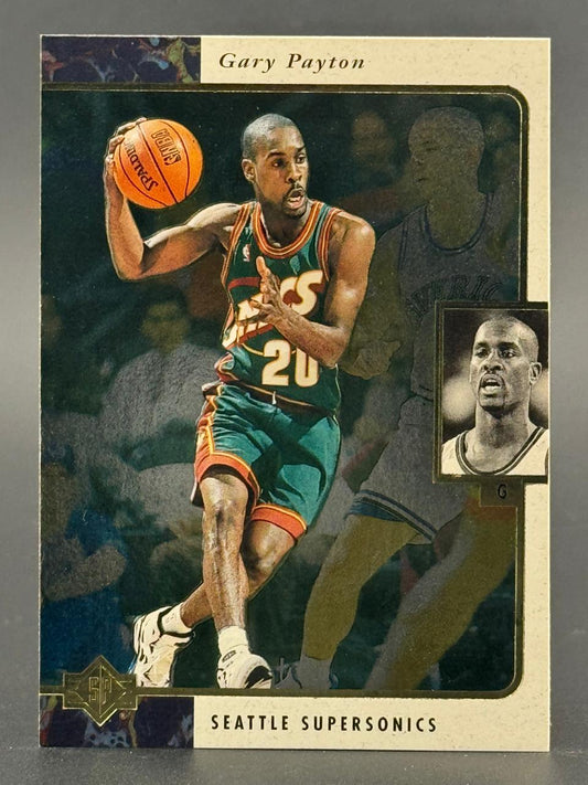 Gary Payton 1993-94 Upper Deck SP basketball card, #G, showing him holding a basketball in a Supersonics uniform.