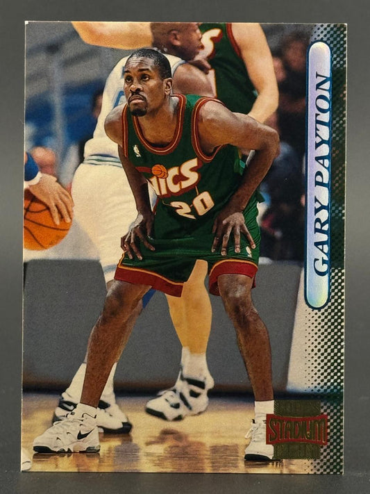 Gary Payton basketball card, Stadium Club, featuring Payton in a green Sonics #20 uniform.