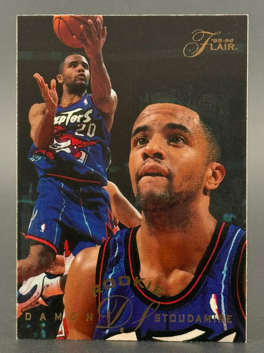 1995-96 Flair Damon Stoudamire basketball card featuring a full-body action shot and a close-up portrait.