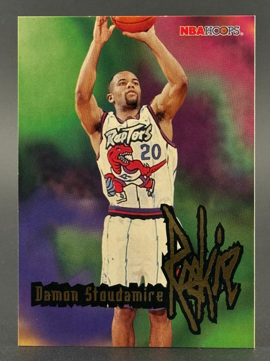 NBA Hoops trading card of Damon Stoudamire shooting a basketball.