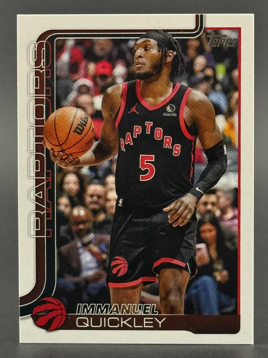 Immanuel Quickley 2024 Topps basketball trading card featuring him in a black Raptors jersey holding a ball.