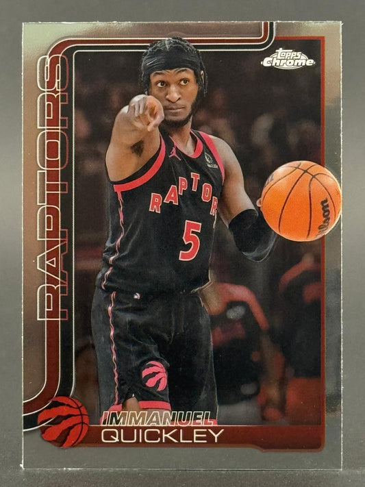Topps Chrome basketball trading card of Immanuel Quickley pointing forward in a Toronto Raptors jersey.