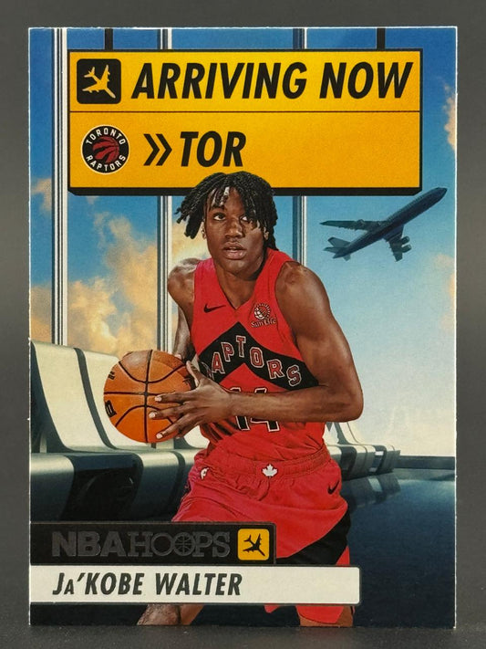 2024-25 NBA Hoops Ja'Kobe Walter trading card featuring him in a red Raptors uniform holding a basketball.