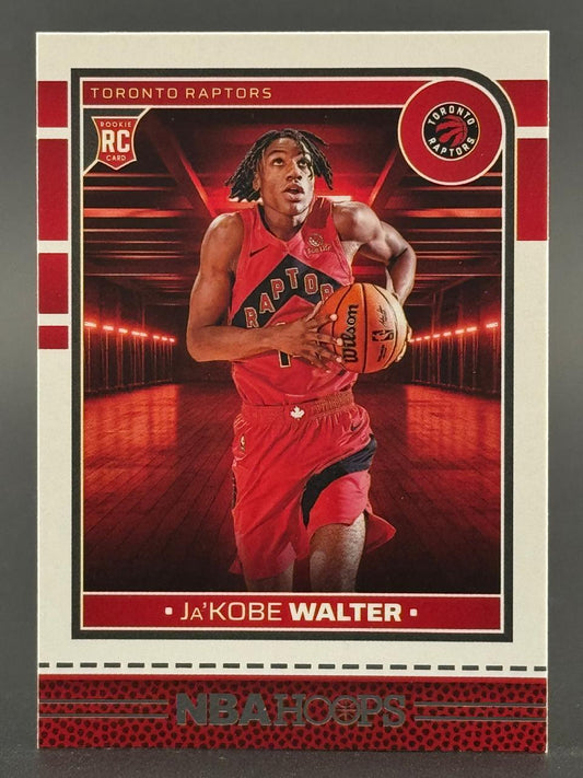 Ja'Kobe Walter 2024-25 NBA Hoops Rookie Card with Toronto Raptors uniform.