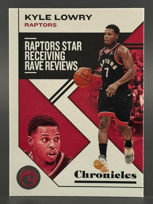 Kyle Lowry basketball trading card, Chronicles set, featuring "Raptors Star Receiving Rave Reviews" headline.