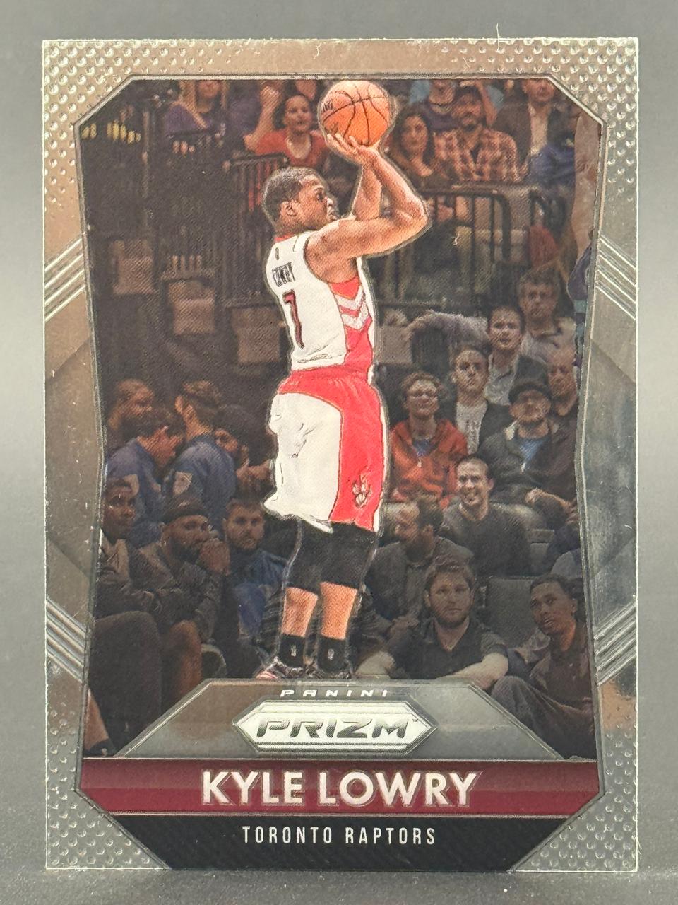 Trading card of Kyle Lowry, Toronto Raptors, from Panini Prizm, showing him shooting a basketball.