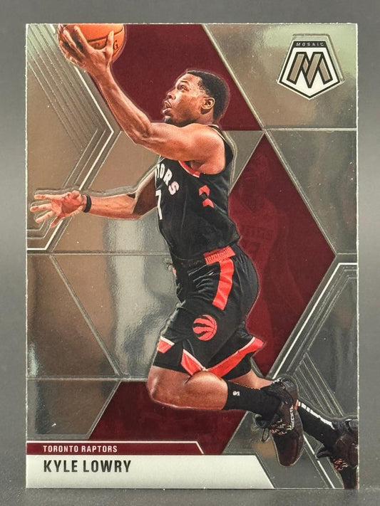 Kyle Lowry 2019-20 Panini Mosaic basketball card showing him driving with the ball in a Raptors uniform.