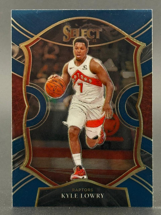2021-22 Panini Select Kyle Lowry #7 basketball card featuring him dribbling in a Raptors uniform.