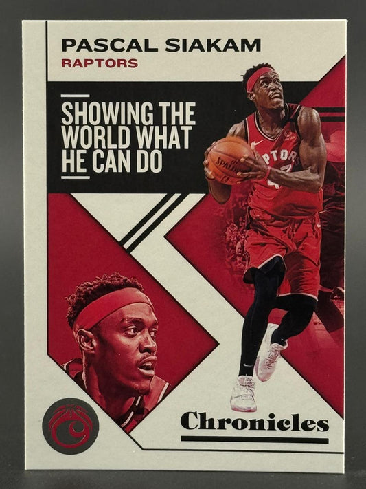 Pascal Siakam 2019-20 Panini Chronicles basketball card featuring two images of the Raptors player and text.