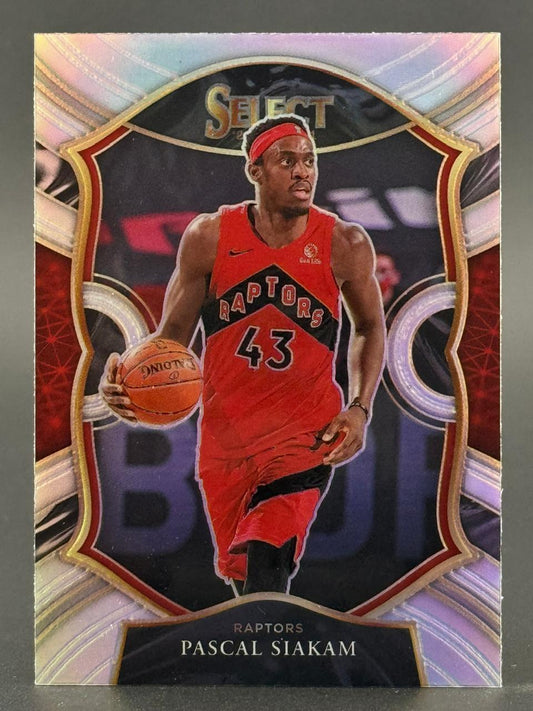 Pascal Siakam 2019-20 Select basketball card, #43, in a red Raptors uniform dribbling.