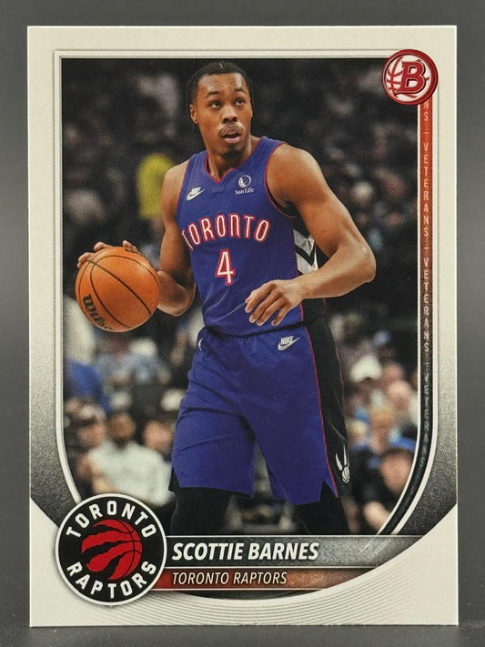 Scottie Barnes Toronto Raptors basketball trading card, dribbling a ball in a blue uniform.