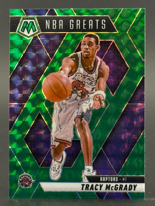 Tracy McGrady 2021-22 Panini Mosaic NBA Greats Green #1 trading card in Raptors uniform.