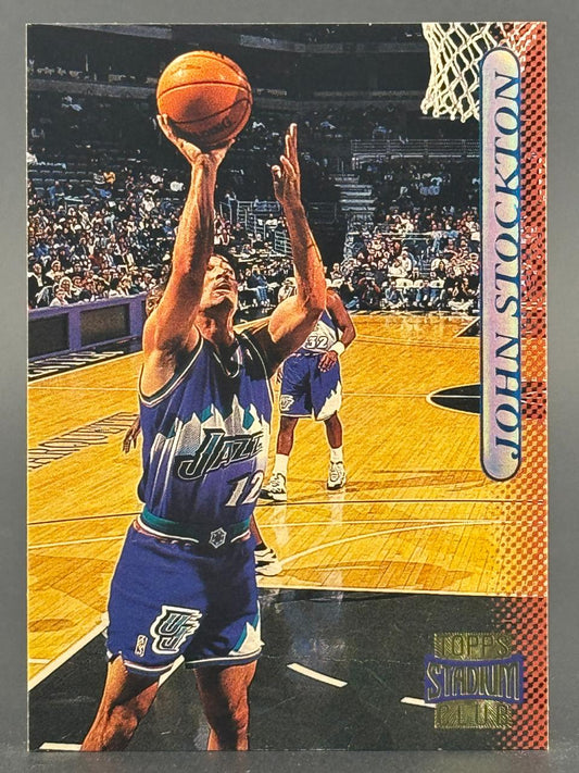 John Stockton Topps Stadium Club basketball card, shooting a jump shot in Utah Jazz uniform.