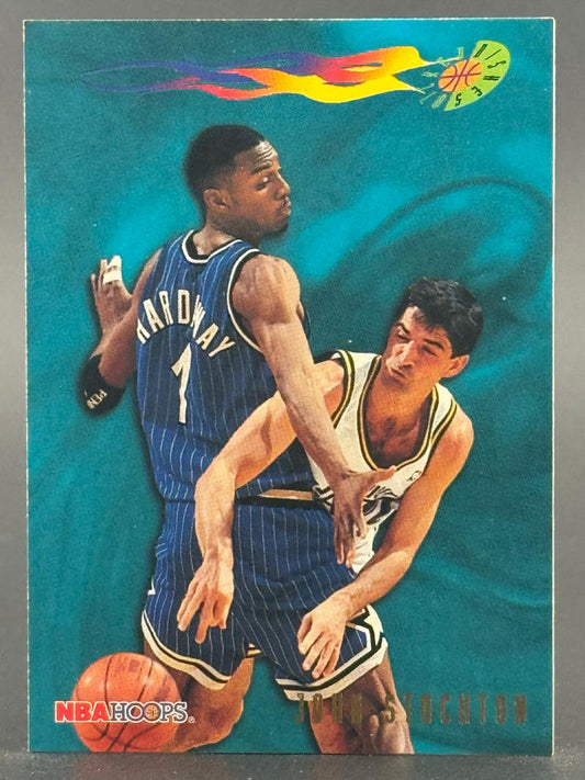 Anfernee Hardaway and John Stockton trading card with "Dishes" graphic and NBA Hoops logo.