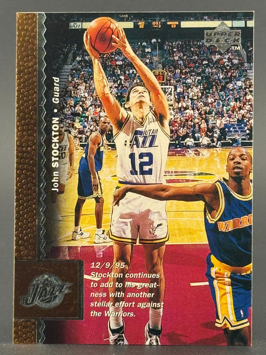 1995 Upper Deck John Stockton basketball card showing him shooting against the Warriors.