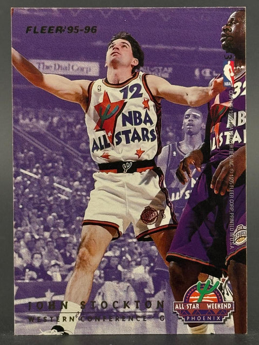 1995-96 Fleer John Stockton trading card, featuring him in an All-Star uniform.