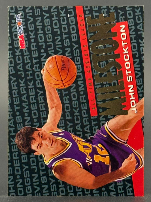 1995-96 NBA Hoops John Stockton Milestone card, showing him in a Jazz uniform holding a basketball.