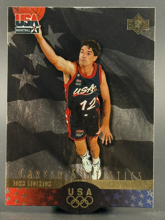 John Stockton USA Basketball trading card, showing him in uniform against a dark American flag background.