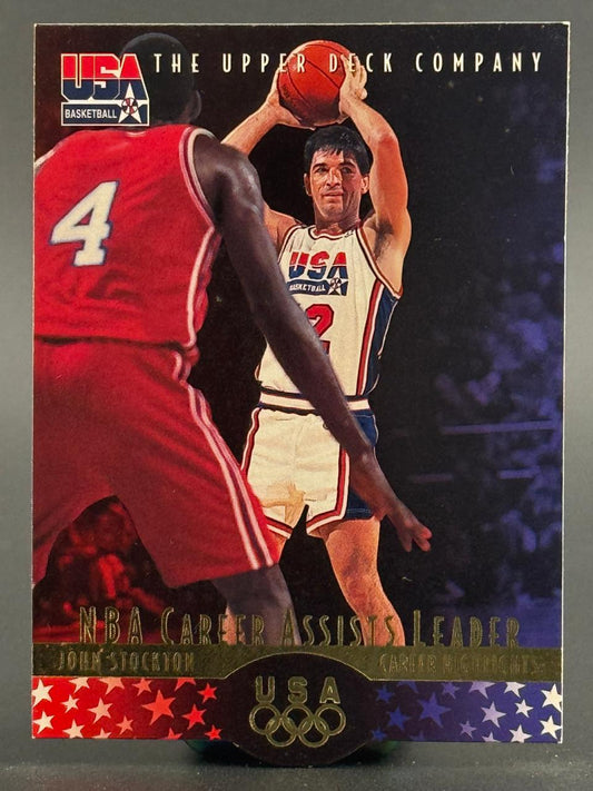 1992 Upper Deck USA Basketball John Stockton card, showing Stockton holding a basketball in a game.
