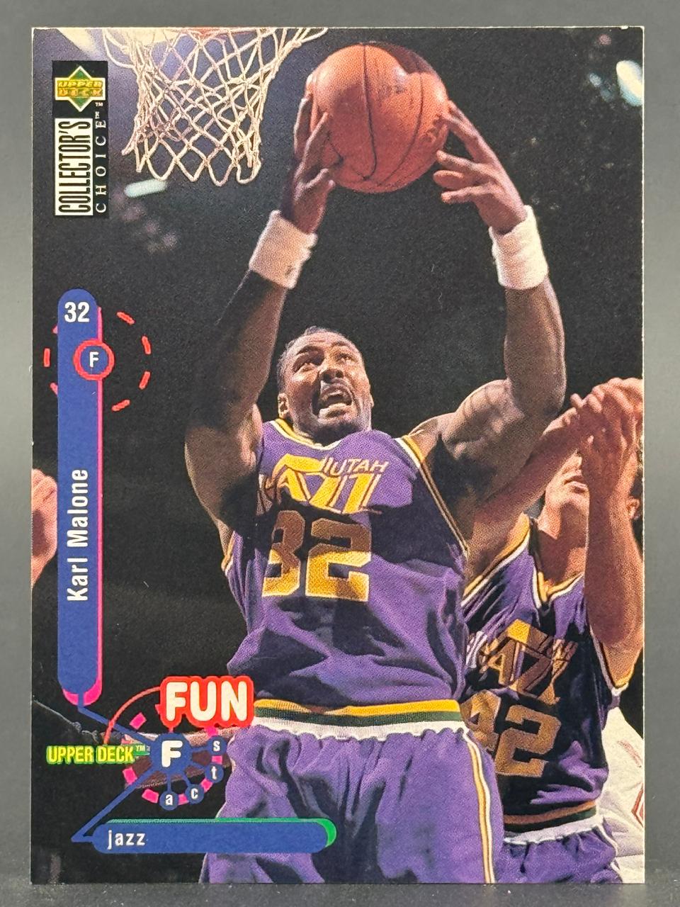 Karl Malone 1994 Upper Deck Collector's Choice basketball card #32, in Jazz uniform, shooting near basket.