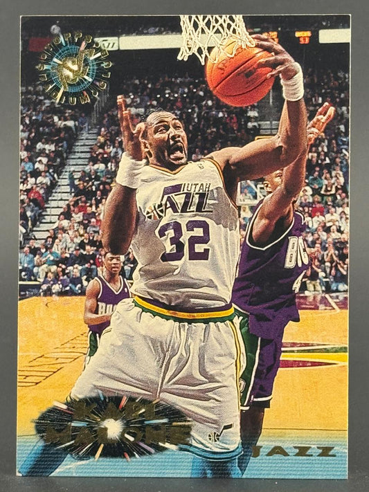 Karl Malone 1993-94 Stadium Club basketball card, shooting a layup in Utah Jazz uniform.