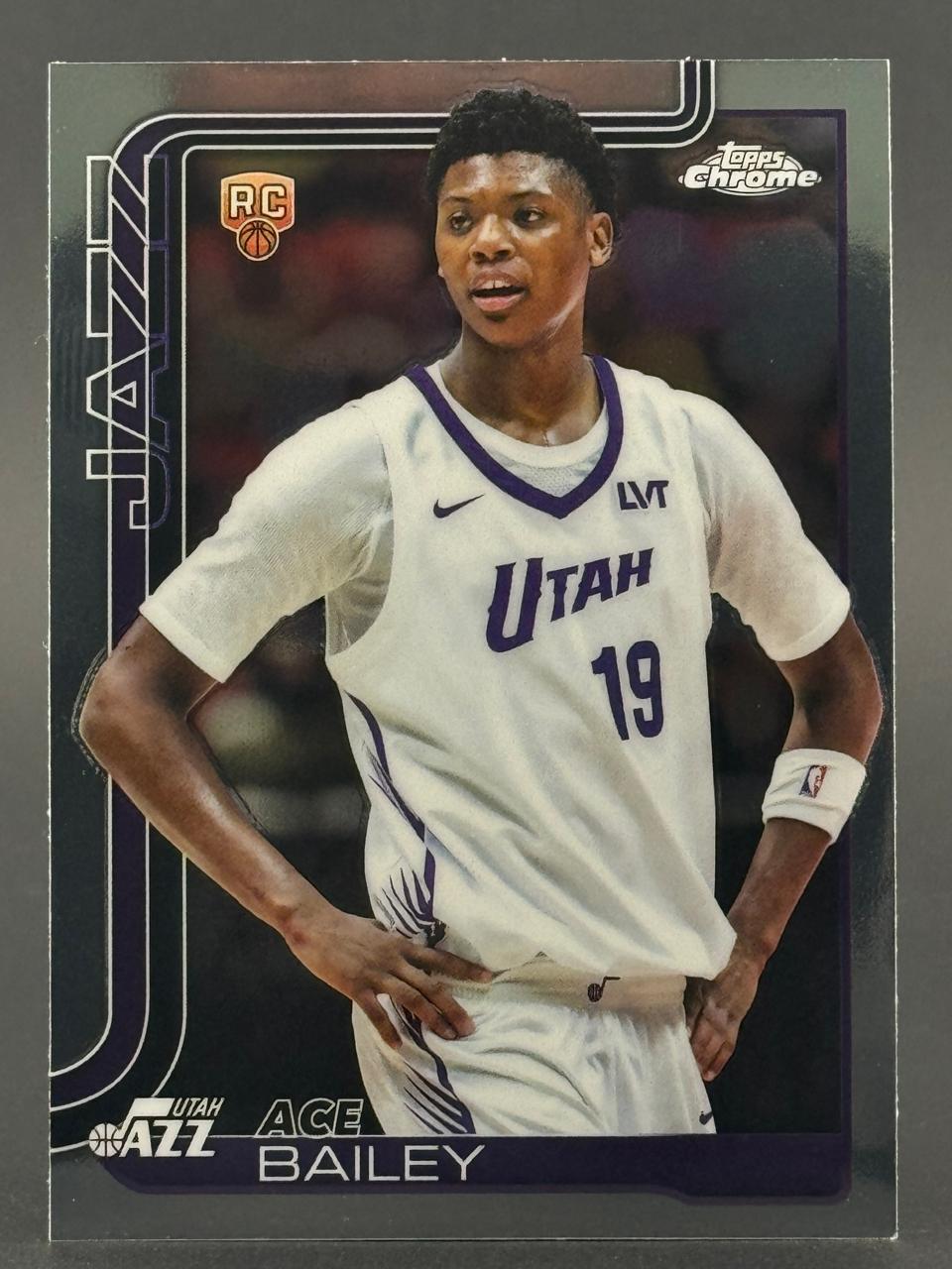 Ace Bailey Topps Chrome rookie card featuring the Utah Jazz guard in a white uniform.